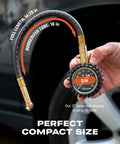 Close-up of Vondior tire pressure gauge with a 2-in dial and rubber hose.