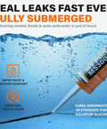 Heavy Duty Black Hybrid Sealant And Adhesive For Quick Pond Leak Fixes And Koi Tank Repairs Pro Grade MS Polymer Caulk being submerged in water, sealing leaks.