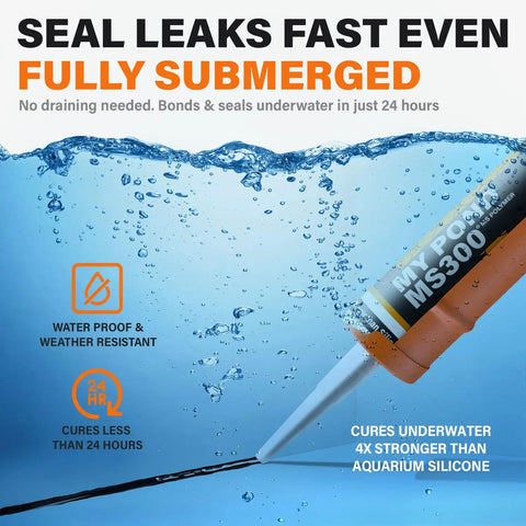 Heavy Duty Black Hybrid Sealant And Adhesive For Quick Pond Leak Fixes And Koi Tank Repairs Pro Grade MS Polymer Caulk being submerged in water, sealing leaks.