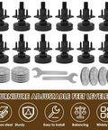 Adjustable Furniture Leg Levelers Set 12 Pieces For Tables Chairs Cabinets Sofas And Desks With Precision Threaded Feet And Height Tuning To Eliminate Wobble Heavy Duty Galvanized Metal Frame For Steady Performance And Easy Height Adjustment shown in black with accessories.