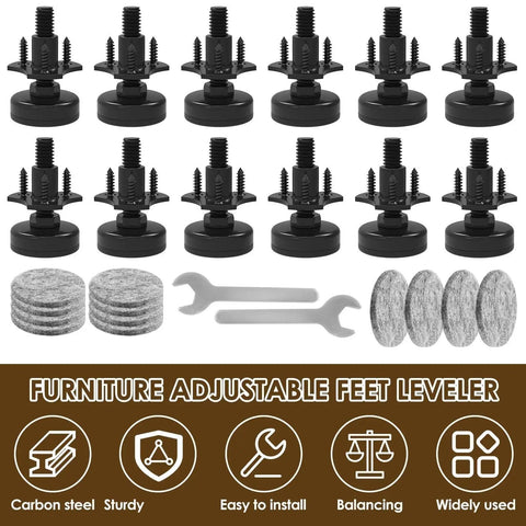 Adjustable Furniture Leg Levelers Set 12 Pieces For Tables Chairs Cabinets Sofas And Desks With Precision Threaded Feet And Height Tuning To Eliminate Wobble Heavy Duty Galvanized Metal Frame For Steady Performance And Easy Height Adjustment shown in black with accessories.