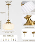 Vintage Brass Milk Glass Pendant Lights Fixture, Pleated Glass Chandelier with adjustable height and hand-blown glass shade.