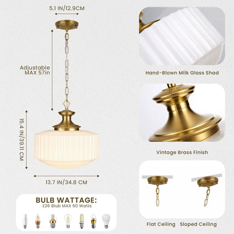 Vintage Brass Milk Glass Pendant Lights Fixture, Pleated Glass Chandelier with adjustable height and hand-blown glass shade.