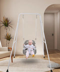 3 In 1 Toddler Swing Set For Backyard And Indoor Use, Kid Friendly Swing That Grows With Your Little One From 6 Months To 10 Years, Outdoor Indoor Swing With Detachable Modes, Sturdy Black Frame, baby sitting indoors.