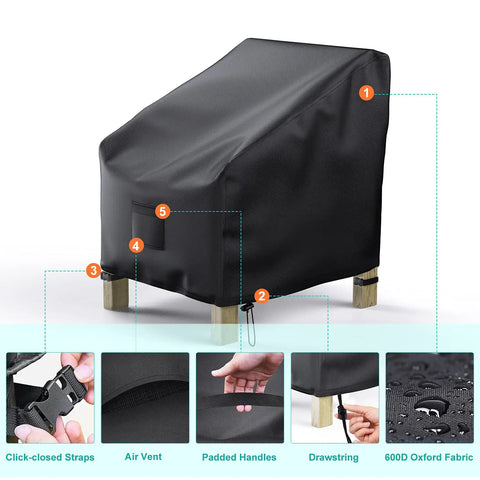 All Weather Waterproof Patio Chair Covers 2 Pack Heavy Duty 600D Oxford Cloth Outdoor Lawn Lounge Deep Seat Covers Black 38W X 31D X 29H Rugged Fade Resistant Rain Sun Dirt Protection covering a patio chair with strap and handle details