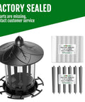 Two Pack Outdoor Hanging Bird Feeders With Quick One Minute Setup And Charming Castle Design Attracting Cardinals Chickadees Goldfinches And Sparrows Black Easy To Assemble For Family Fun And A Great Gift, featuring black castle-style bird feeder parts with factory sealed packaging