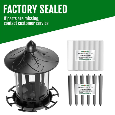 Two Pack Outdoor Hanging Bird Feeders With Quick One Minute Setup And Charming Castle Design Attracting Cardinals Chickadees Goldfinches And Sparrows Black Easy To Assemble For Family Fun And A Great Gift, featuring black castle-style bird feeder parts with factory sealed packaging