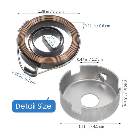 Set Of One Heavy Duty Steel Drill Press Return Spring with detail size measurements beside the helical coil and metal casing.