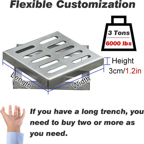 Tough As Nails Square Catch Basin Drain Grate 304 Stainless Steel Drainage Cover with measurements and customization options.