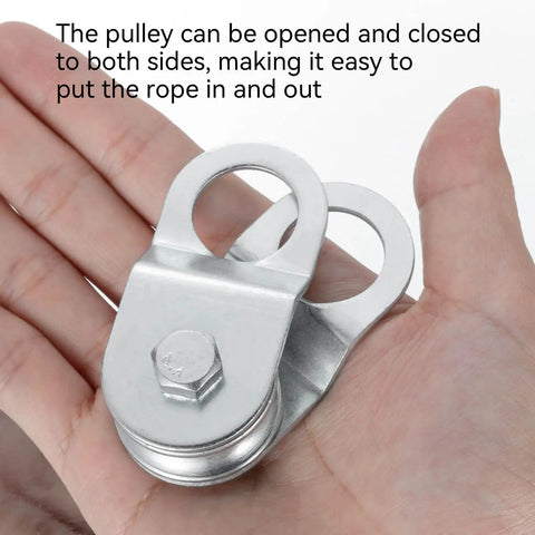 Open Cable Pulley Block With Built-In Bearings For Smooth Lifting, Dual-Sided Opening Design For Easy Rope Insertion, Heavy-Duty Hoist Pulley System, Supports Up To 110 Lb Load, Quick Setup For DIY Lifting Projects, silver metal pulley in hand