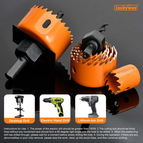 Luckyway Hole Saw Kit Pro: two orange double-ground hole saws with arbors for wood, plywood, drywall, PVC