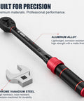 Heavy Duty 15 Piece Metric Crowfoot Wrench Set With Extension Bar And Adapter Master Tool Kit For Gnarly Tight Spots Professional Grade Chrome Steel Construction, showing a torque wrench with an aluminum alloy handle.