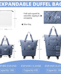 Blue checkerboard rolling duffle bag with wheels and shoe bag; expandable carry-on luggage up to 58L.