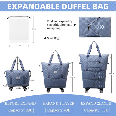 Blue checkerboard rolling duffle bag with wheels and shoe bag; expandable carry-on luggage up to 58L.