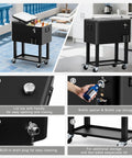60 Quart Rolling Ice Chest Cooler Cart with wheels, bottle opener, cap catcher, and drain, black, for patio parties and BBQs