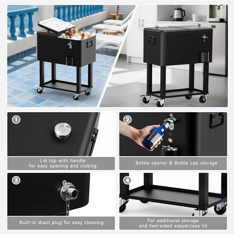 60 Quart Rolling Ice Chest Cooler Cart with wheels, bottle opener, cap catcher, and drain, black, for patio parties and BBQs