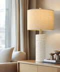 24 Inch Farmhouse Ceramic Table Lamp Set Of 2 White For Bedroom And Living Room Modern Nightstand Lamps For Desk Office Or Dorm Decor Durable Ceramic Base With Scratch Resistant Finish on table near window in living room