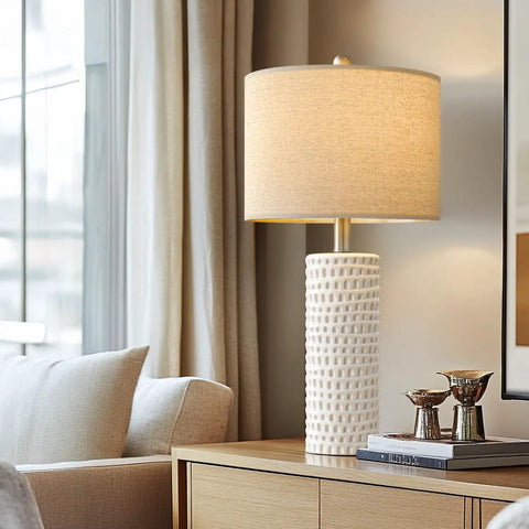 24 Inch Farmhouse Ceramic Table Lamp Set Of 2 White For Bedroom And Living Room Modern Nightstand Lamps For Desk Office Or Dorm Decor Durable Ceramic Base With Scratch Resistant Finish on table near window in living room