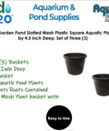 5 Inch Round Water Garden Plant Basket Set 3 Pack, mesh slotted plastic pots for pond plants on white background.