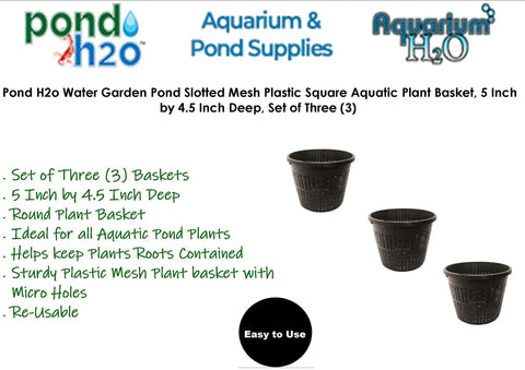 5 Inch Round Water Garden Plant Basket Set 3 Pack, mesh slotted plastic pots for pond plants on white background.