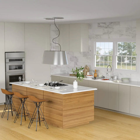 Modern kitchen interior with island, stools, and window view in a contemporary setting