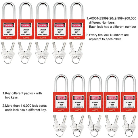 Key Alike Lockout Tagout Padlock Set Of 10 With Identical Keys And Two Keys Per Lock For OSHA Compliant Lockout Tagout Stations