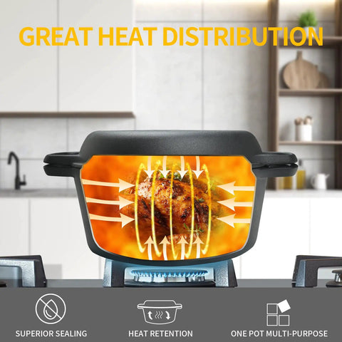2-In-1 Preseasoned Cast Iron Dutch Oven Pot With Skillet Lid showing heat distribution, ideal for grilling and baking, 5 Qt