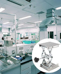 Two-pack 8x8 in stainless steel lab scissor jack lift stand, adjustable 80–270 mm, shown on a laboratory bench