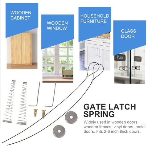 WUUWCHODC 2 Sets Spring Gate Latch Replacement Kit for Wood Fence, includes gate latch springs and installation parts.