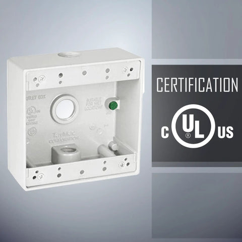 Two Gang White Weatherproof Junction Box Four Point Five By Four Point Five Inch Two Inch Deep With Three Half Inch Threaded Holes Beefy Die Cast Metal Construction Powder Coated Finish Outdoor Electrical Box For Outlets And Branch Circuit Wiring featuring UL certification label