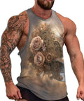 Fly Men's Skull Butterfly Tank Top Loose Fit Summer Sleeveless Tee Vintage Mechanical design on a muscular man.