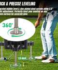 Protective Case For Square Golf Launch Monitor With Rugged PETG Construction Precision Leveling Base Two Point Five Inch Adjustable Height Built In Remote Holder And Ventilation Cutout For Easy Stable Setup shown in use with leveling base.