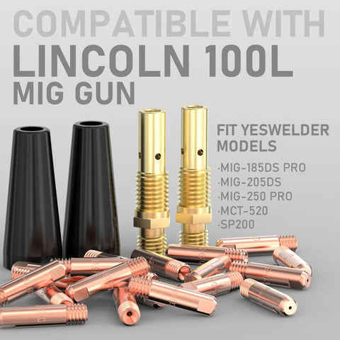 Flux Core Welding Gun Accessories Kit With 24 Pcs Includes 20 Tips.035, 2 Rubber Wood Gasless Flux Core Nozzles and 2 Gas Diffusers