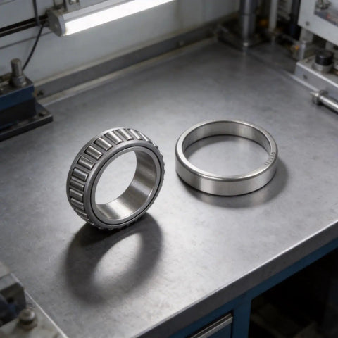 Upper And Lower Steering Bearings Set For INOKIM OX And OXO Electric Scooters Alloy Steel Replacement Parts on a workbench