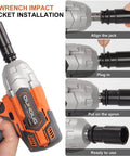 Socket installation steps for cordless 1/2-inch impact wrench with 21V battery, 442 ft-lbs max torque, 3200 RPM, with LED light.