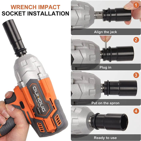 Socket installation steps for cordless 1/2-inch impact wrench with 21V battery, 442 ft-lbs max torque, 3200 RPM, with LED light.