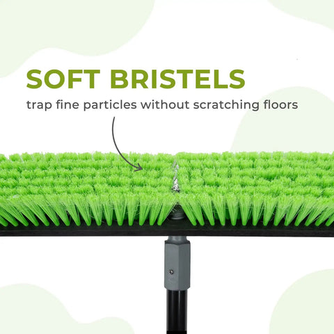 18 Inch Indoor Shop And Garage Push Broom With Soft Bristles, showing close-up of soft bristles for trapping fine particles on hard floors.
