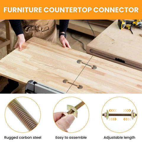 Killer Fit Four Pack M8x100MM Countertop Connector Bolts With Half Moon Washers And Hex Nuts For Zero Wobble Counter Joint Fastening Clean Shop Hardware Upgrade shown installed in wooden countertop.