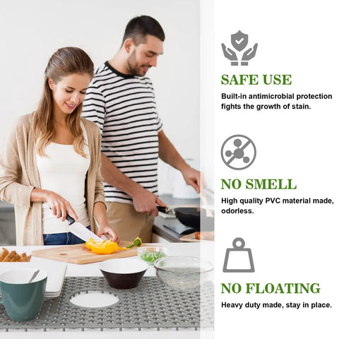 Couple using Silicone Kitchen Sink Mat With Non Slip Design, Stable Farmhouse Sink Protector for Stainless Steel Drainboard, Gray.