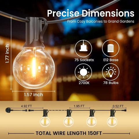 Lit Outdoor Edison Style String Lights 200Ft With 102 Shatterproof ST38 LED Bulbs For Patio Balcony Backyard Waterproof