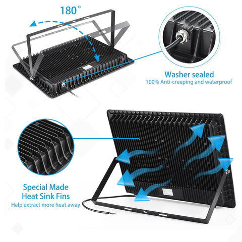 Back view of Beast Bright 400W Led Stadium Flood Lights showing heat sink, waterproof washer, and adjustable bracket.