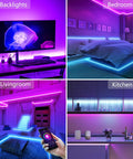 33 Feet LED Strip Lights With App Control And Voice Assistant Compatibility RGB Color Changing Lit Mood Lights For Bedroom Decor Fully Smart Color Spectrum Ambience Works With Alexa And Google Assistant shown in living room, bedroom, and kitchen setup