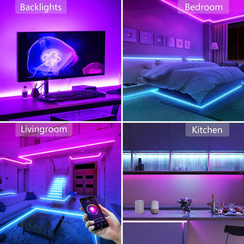 33 Feet LED Strip Lights With App Control And Voice Assistant Compatibility RGB Color Changing Lit Mood Lights For Bedroom Decor Fully Smart Color Spectrum Ambience Works With Alexa And Google Assistant shown in living room, bedroom, and kitchen setup