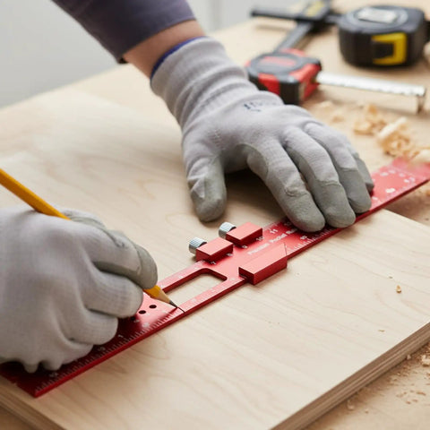 Woodworker using a red Woodworking Ruler With Adjustable Guide And 45 Degree Reference on a wooden board for precision marking.