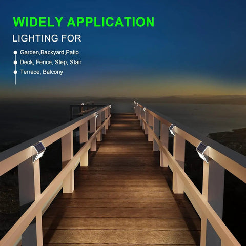Outdoor Solar Deck Lights 6 Pack Waterproof Fence Post Lights For Backyard Patio Stair Wall Lighting With 3 LED Cool White Beams Solar Powered Panels illuminating a wooden pathway.
