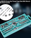 Heavy Duty M6 To M12 Metric Hand Tap And Die Set With Adjustable Wrench Handle For Auto Repair And Machinist Jobs, Premium 45 Steel Tool Kit To Fix Stripped Threads Fast. 12-piece tap die set in turquoise case