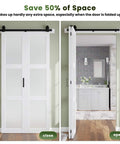 Frosted Glass Bifold Barn Door 36in x 84in With Hardware Kit And 40in Track Kit, shown closed and open in interior setting.