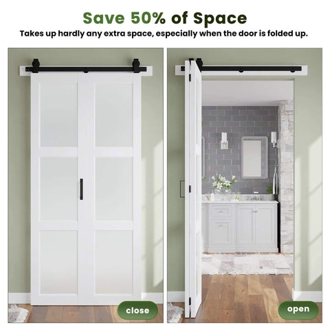 Frosted Glass Bifold Barn Door 36in x 84in With Hardware Kit And 40in Track Kit, shown closed and open in interior setting.