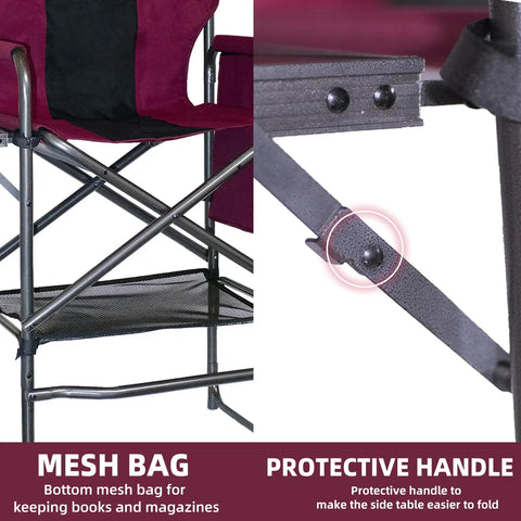 Mesh bag and protective handle of the Bar Height Director Chair With Side Table 400 lb capacity portable folding chair.