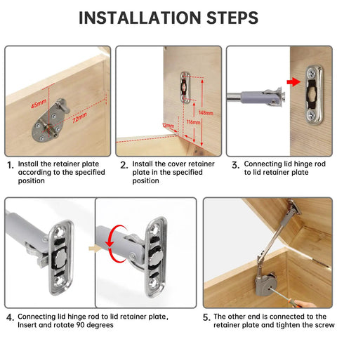 Installation steps for Soft Close Toy Box Hinges With Lid Stay And Gentle Hydraulic Dampening Upward Top Opening Flap Doors 105 Degree Open Safe Child Friendly Storage Box Chest Cabinet Lid Support Slow Close Prevents Slams, showing retainer and cover plate attachment.
